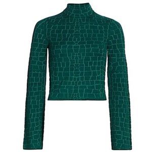 STAUD Green Croc-Print Long Sleeve Crop Top